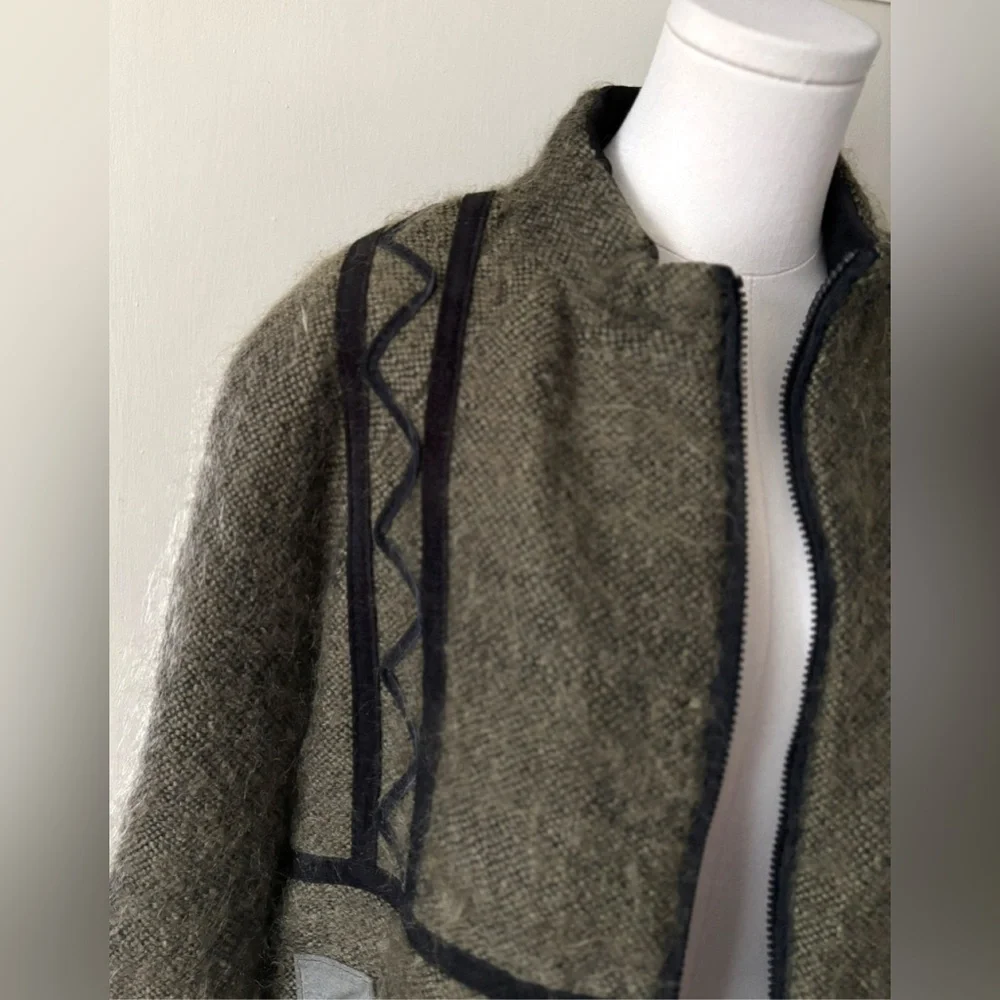Vintage 80s‎ Canadian Green Wool Mohair Artistic Bohemian Funky Appliqué Coat - Picture 2 of 12